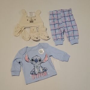 Adorable Disney Baby 4-Piece Lot: Lilo & Stitch Set + Pooh Bear Booties 0-3M